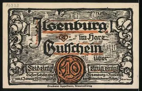 Notgeld Ilsenburg, 1921, 10 Pfennig, Burgansicht und Zwerge, Druckerei Appelhans, Braunschweig