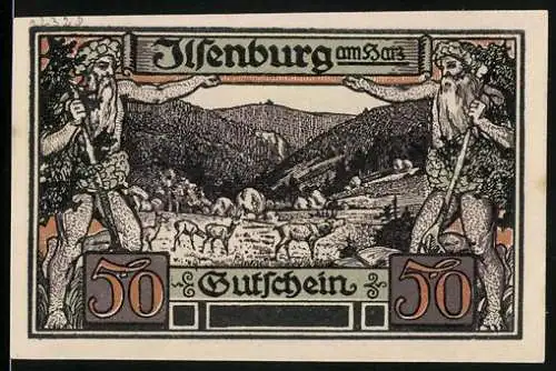 Notgeld Ilsenburg am Harz, 1921, 50 Pfennig, Landschaft mit zwei Riesen und Tannenmotiv