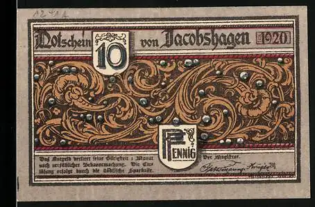 Notgeld Jacobshagen 1920, 10 Pfennig, kunstvolle Verzierungen und geflügelte Figur