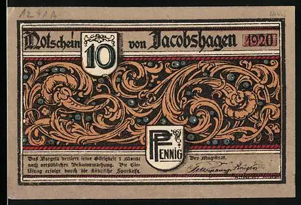 Notgeld Jacobshagen 1920, 10 Pfennig, kunstvolle Ornamente und Frauenfigur am Strand