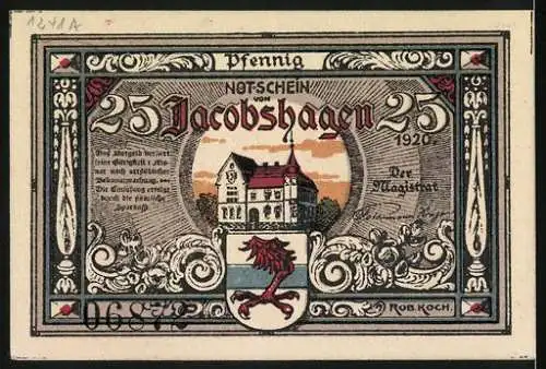 Notgeld Jacobshagen, 1920, 25 Pfennig, Engel und Stadtansicht