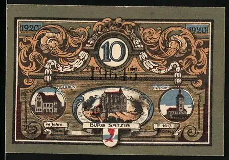 Notgeld Jacobshagen 1920, 10 Pfennig, Burg Satzig und Ornamente