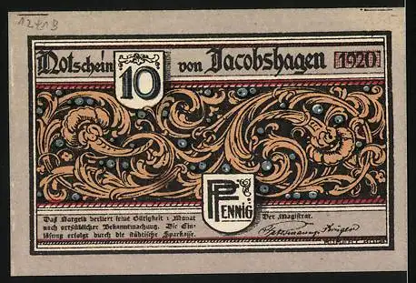 Notgeld Jacobshagen 1920, 10 Pfennig, Burg Satzig und Ornamente