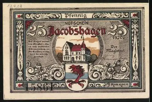 Notgeld Jacobshagen 1920, 25 Pfennig, Zwei Putten und Stadtansicht, Seriennummer 15861, Rob. Koch