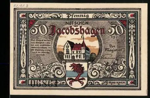 Notgeld Jacobshagen, 1920, 50 Pfennig, Ansicht des Rathauses und Wappen, Rückseite mit zwei Figuren und Gebäude