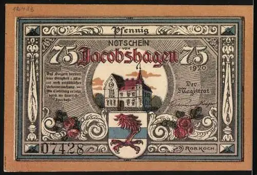 Notgeld Jacobshagen, 1920, 75 Pfennig, kunstvoll gestaltet mit Engel und Stadtwappen