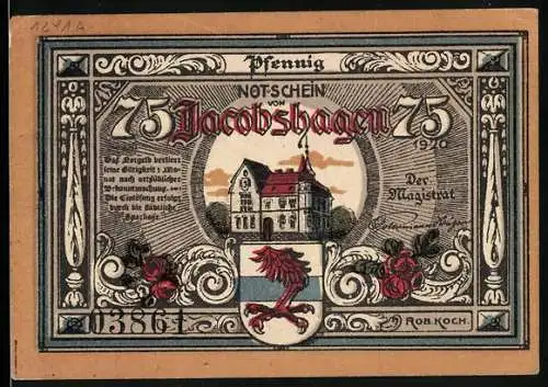 Notgeld Jacobshagen, 1920, 75 Pfennig, Gebäude, Wappen und Frau mit Flügeln Motiv