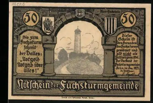 Notgeld Jena / Fuchsturm 1921, 50 Pfennig, Motiv mit Fuchsturm und Trinkenden