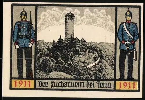 Notgeld Jena 1921, 1 Mark, Der Fuchsturm bei Jena und Krone mit Gott mit uns-Schriftzug