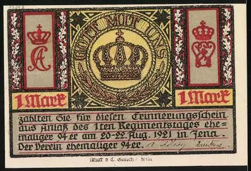 Notgeld Jena 1921, 1 Mark, Der Fuchsturm bei Jena und Krone mit Gott mit uns-Schriftzug