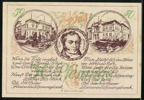 Notgeld Gotha, 1921, 50 Pfennig, Stadtansicht und Porträt von Ernst Wilhelm Arnoldi