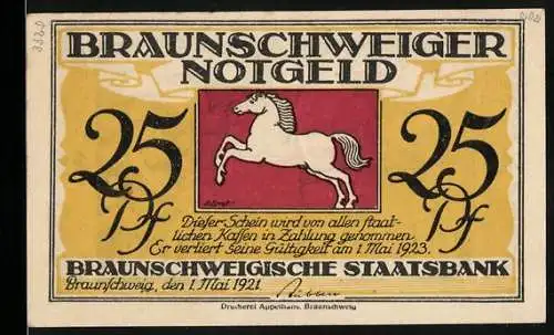 Notgeld Braunschweig 1921, 25 Pf, Braunschweigisches Staatsbank, Pferd und Schloss Blankenburg im Harz