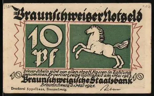 Notgeld Braunschweig 1921, 10 Pfennig, Pferd, Mann mit Eule und Spiegel