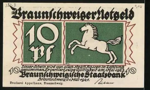 Notgeld Braunschweig 1921, 10 Pfennig, Ansicht von Braunschweig mit Text und Pferd