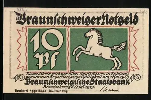 Notgeld Braunschweig 1921, 10 Pf, springendes Pferd und Fahrt in die Berge