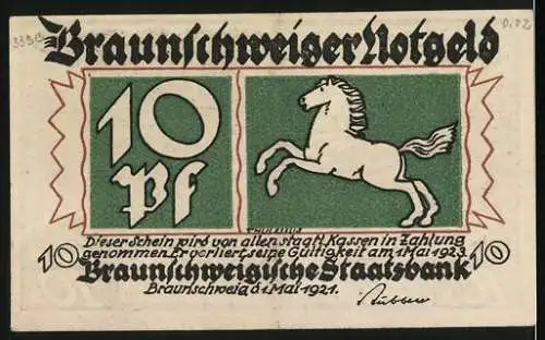 Notgeld Braunschweig 1921, 10 Pf, Bad Harzburg Fahrt in die Berge, Braunschweiger Notgeld mit Pferd