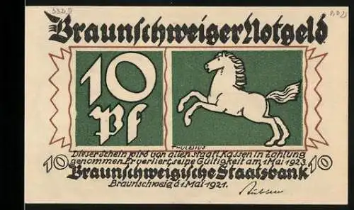 Notgeld Braunschweig 1921, 10 Pfennig, Vorderseite springendes Pferd, Rückseite Blankenburg am Harz