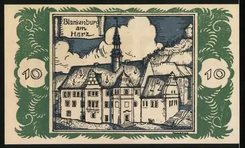 Notgeld Braunschweig 1921, 10 Pfennig, Vorderseite springendes Pferd, Rückseite Blankenburg am Harz