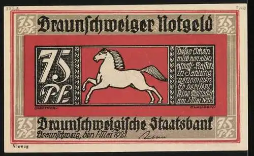 Notgeld Braunschweig 1921, 75 Pfennig, Darstellungen einer Frau und eines Mannes, Pferd und Text