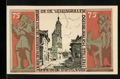 Notgeld Braunschweig 1921, 75 Pfennig, Braunschweiger Staatsbank mit Stadtansicht und Pferde-Motiv