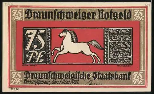 Notgeld Braunschweig 1921, 75 Pfennig, Braunschweiger Staatsbank mit Stadtansicht und Pferde-Motiv