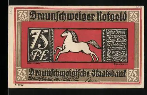 Notgeld Braunschweig 1921, 75 Pf, springendes Pferd und mittelalterliche Stadtansicht