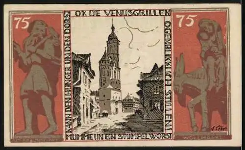 Notgeld Braunschweig 1921, 75 Pf, springendes Pferd und mittelalterliche Stadtansicht