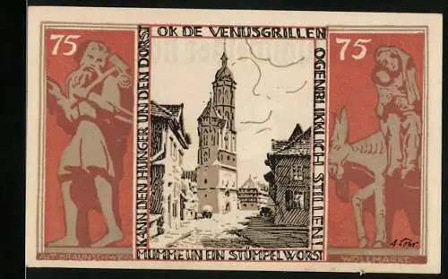 Notgeld Braunschweig 1921, 75 Pfennig, Stadtansicht mit Kirche und springendes Pferd