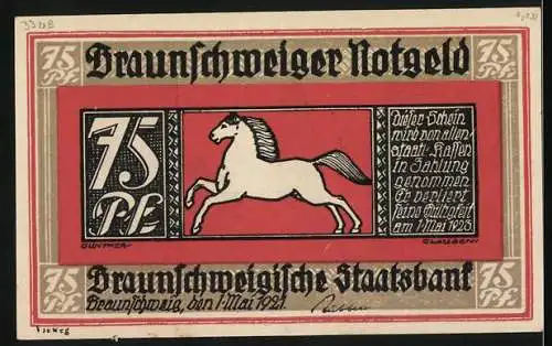 Notgeld Braunschweig 1921, 75 Pfennig, Stadtansicht mit Kirche und springendes Pferd