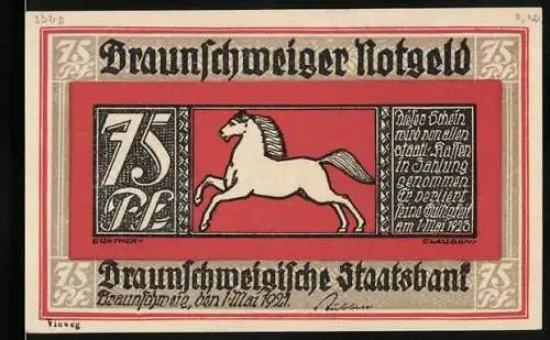 Notgeld Braunschweig 1921, 75 Pf, weisses Pferd und Stadtansicht von Blankenburg am Harz