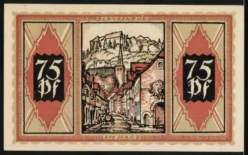 Notgeld Braunschweig 1921, 75 Pf, weisses Pferd und Stadtansicht von Blankenburg am Harz