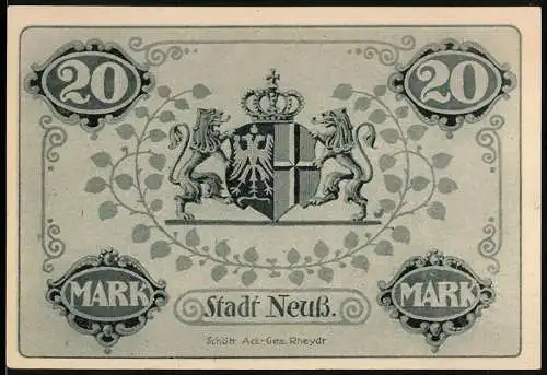 Notgeld Neuss, 1918, 20 Mark, Stadtwappen und Inschrift Zwanzig Mark