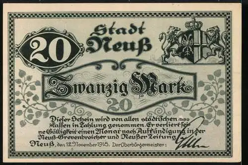 Notgeld Neuss, 1918, 20 Mark, Stadtwappen und Inschrift Zwanzig Mark