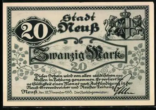 Notgeld Neuss, 1918, 20 Mark, Wappen mit zwei Löwen und Krone, floral verziert