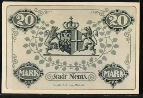 Notgeld Neuss, 1918, 20 Mark, Wappen mit zwei Löwen und Krone, floral verziert