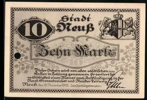 Notgeld Neuss 1918, 10 Mark, Löwenwappen und florales Muster