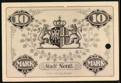 Notgeld Neuss 1918, 10 Mark, Löwenwappen und florales Muster