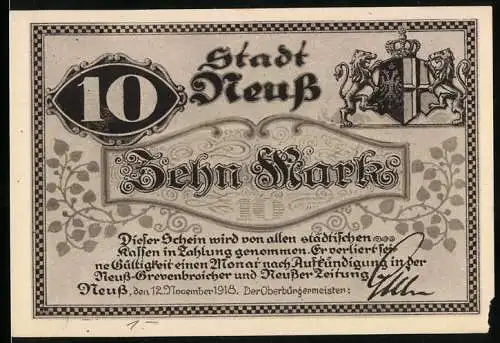 Notgeld Neuss, 1918, 10 Mark, Löwenwappen und florale Motive