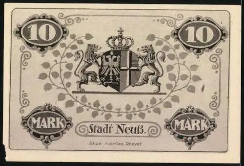 Notgeld Neuss, 1918, 10 Mark, Löwenwappen und florale Motive