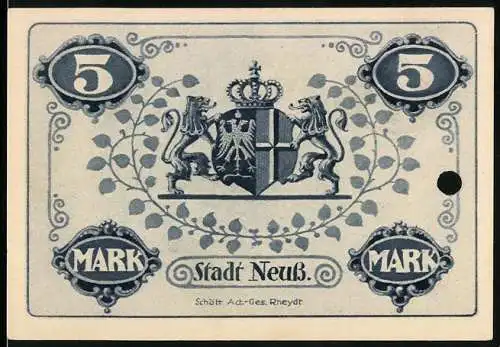 Notgeld Neuss, 1918, 5 Mark, Löwenwappen und Schriftzug Fünf Mark