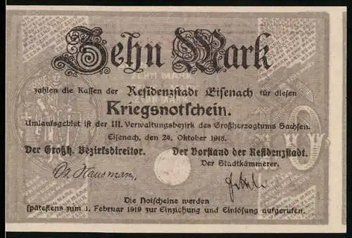 Notgeld Eisenach 1918, 10 Mark, Kriegsnotgeldschein mit Stadtansicht und Adler