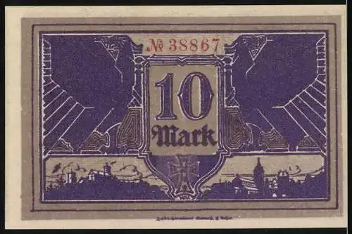 Notgeld Eisenach 1918, 10 Mark, Kriegsnotgeldschein mit Stadtansicht und Adler