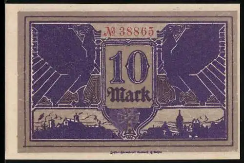 Notgeld Eisenach 1918, 10 Mark, Kriegsnotgeldschein, lila Adler und Stadtansicht, Seriennummer 38865