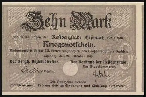 Notgeld Eisenach 1918, 10 Mark, Kriegsnotgeldschein, lila Adler und Stadtansicht, Seriennummer 38865