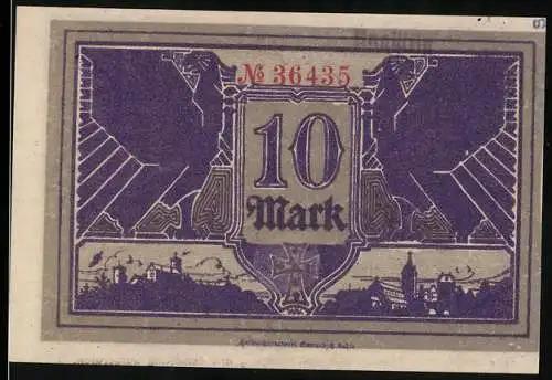 Notgeld Eisenach 1918, 10 Mark, lila und schwarz, Stadtansicht und Adler, Kriegsnotgeldschein