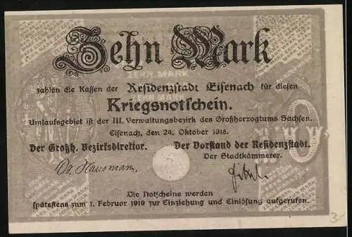 Notgeld Eisenach 1918, 10 Mark, lila und schwarz, Stadtansicht und Adler, Kriegsnotgeldschein