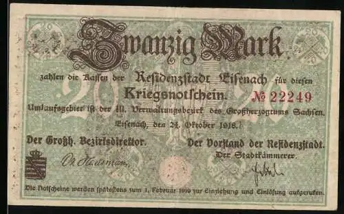 Notgeld Eisenach 1918, 20 Mark, Kriegsnotgeldschein mit Adler und Stadtansichten