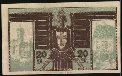 Notgeld Eisenach 1918, 20 Mark, Kriegsnotgeldschein mit Adler und Stadtansichten