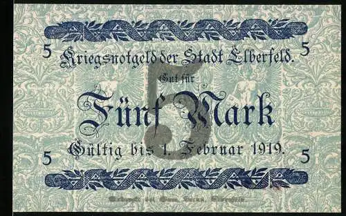 Notgeld Elberfeld, 1918, 5 Mark, Kriegsnotgeld gültig bis 1. Februar 1919