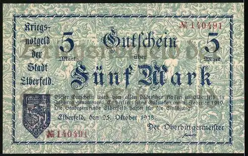 Notgeld Elberfeld, 1918, 5 Mark, Kriegsnotgeld gültig bis 1. Februar 1919